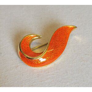 Bright Orange Enamel Gold Tone Signed Pin Brooch BR1